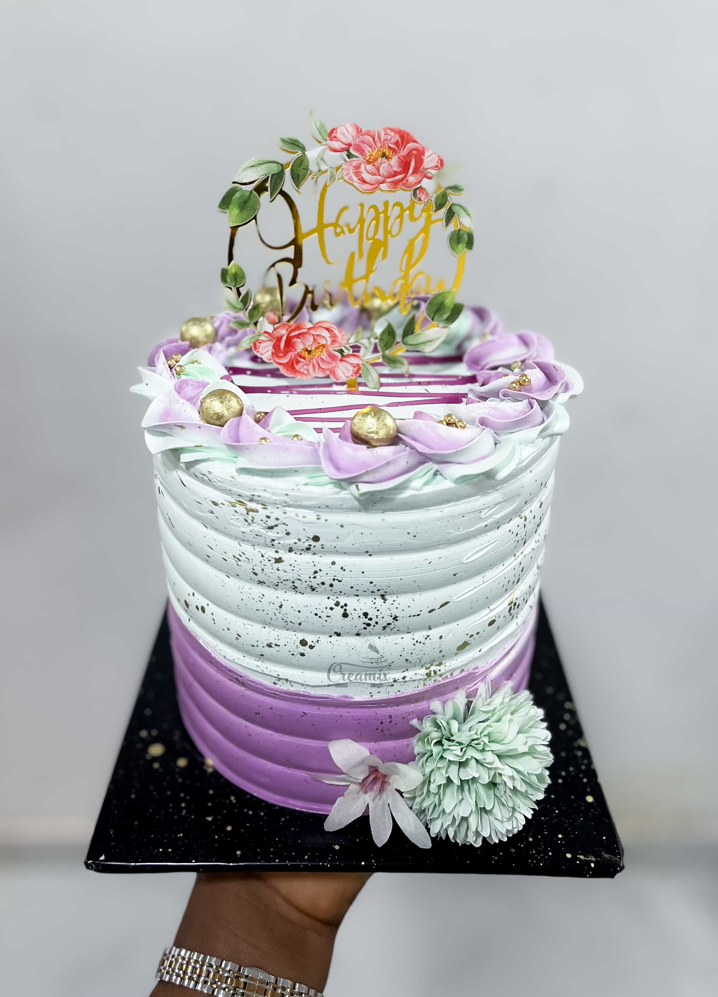 Purple & Green With Flowered Topper - Available in Vanilla, Red Velvet, Chocolate, etc.