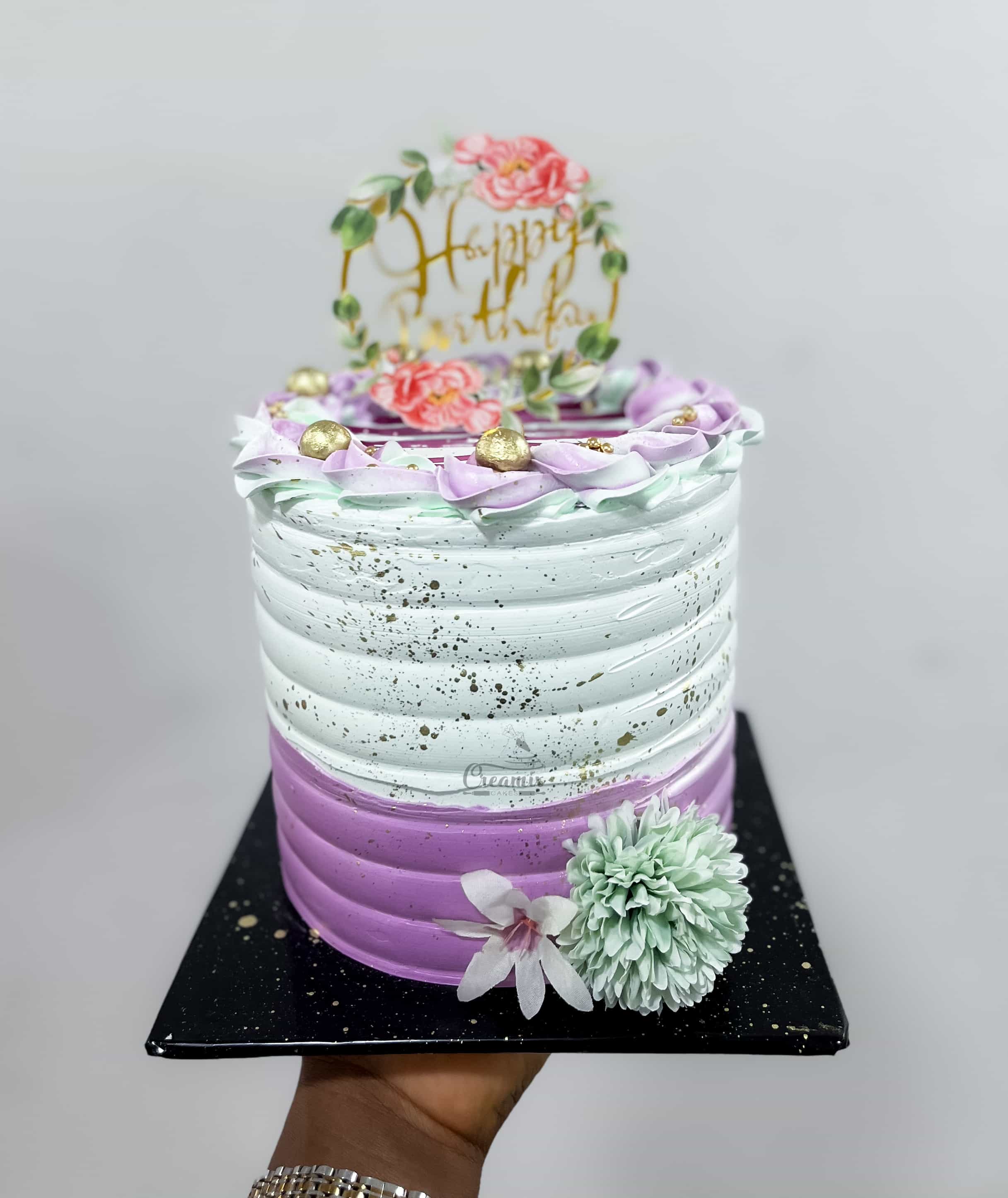 Purple & Green With Flowered Topper - Available in Vanilla, Red Velvet, Chocolate, etc.